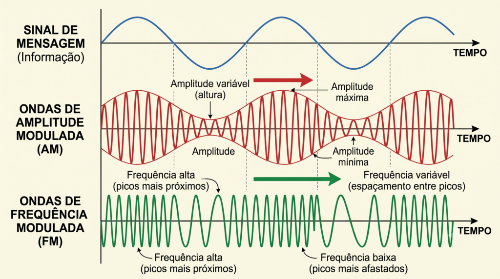 Gráfico comparativo mostrando a variação de amplitude na onda AM e variação de frequência na FM