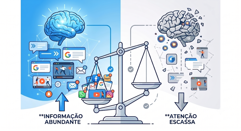 Infográfico mostrando o paradoxo da economia de atenção: quanto mais informação disponível, menos atenção humana restante.