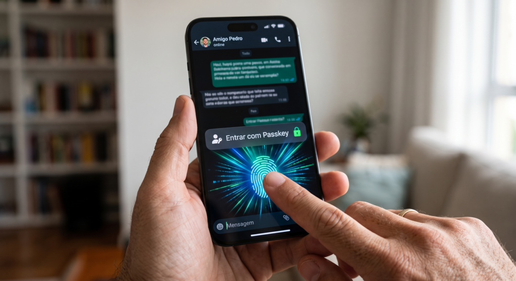 Usuário desbloqueando o celular usando biometria para acessar a chave de acesso do WhatsApp.