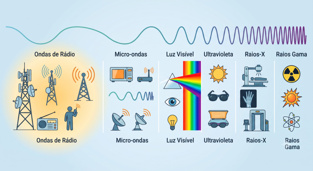 Gráfico do espectro eletromagnético destacando a faixa das ondas de rádio e seus comprimentos