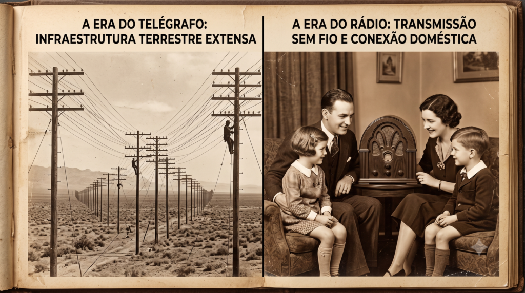 Comparação histórica entre os cabos do telégrafo tradicional e a transmissão de rádio sem fio.