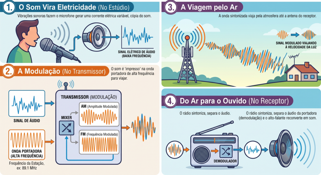Infográfico do funcionamento da transmissão do som através das ondas de rádio.