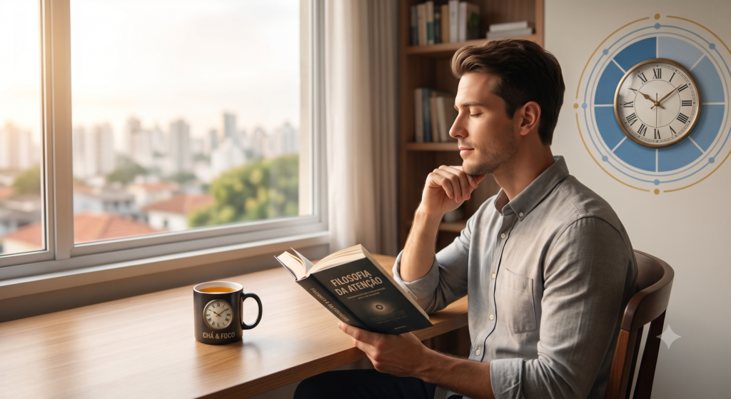 Pessoa lendo livro em ambiente tranquilo e sem telas, com desconexão intencional para recuperar o foco.