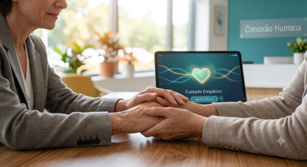 Duas mãos humanas se unem em um consultório de terapia, simbolizando que o toque humano e a empatia continuam sendo insubstituíveis, com a IA servindo como suporte.