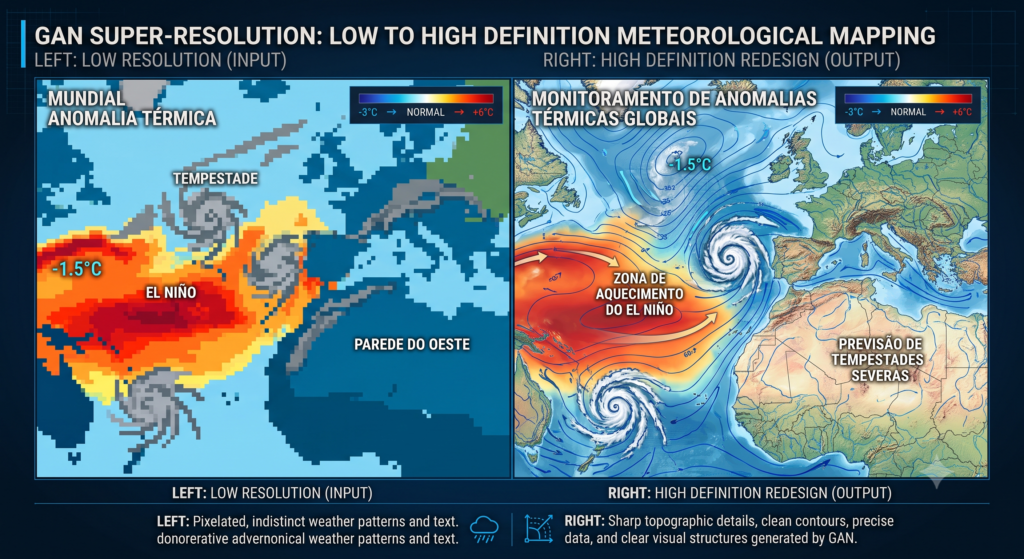 Gráfico comparativo mostrando um mapa climático de baixa resolução transformado em alta definição por rede neural.