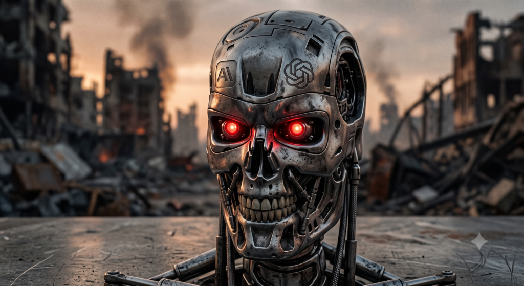 Rosto de cyborg com logos da OpenAI e da Anthropic, simbolizando os incidentes de ataques cibernéticos de suas respectivas IAs.
