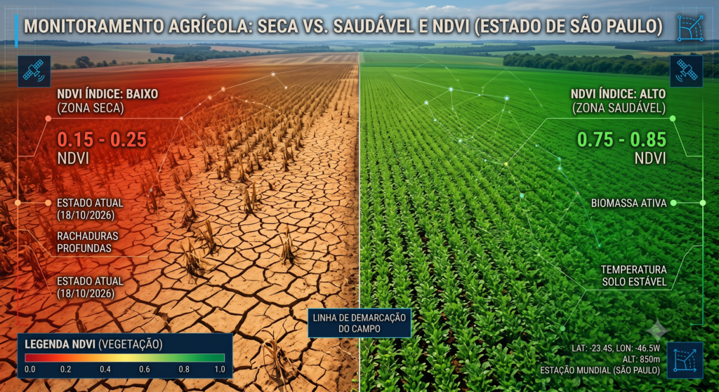 Vista aérea de plantação agrícola sobreposta por gráficos digitais de umidade do solo e estresse hídrico.