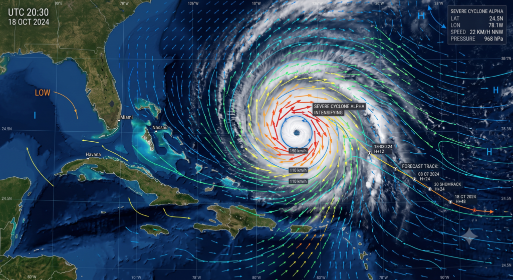 Imagem de satélite de tempestade com linhas digitais vetoriais simulando previsão em tempo real (nowcasting) por algoritmo de IA.