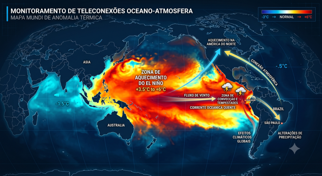 Mapa de calor oceânico global exibindo anomalias térmicas do fenômeno El Niño monitoradas por inteligência artificial.