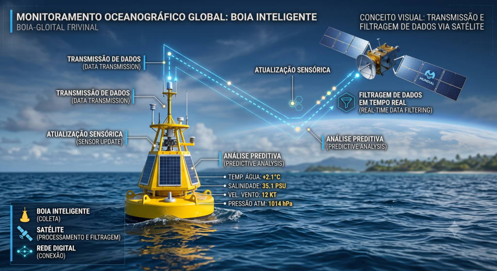 Boia oceânica de monitoramento transmitindo dados de pressão marítima para satélite via inteligência artificial.