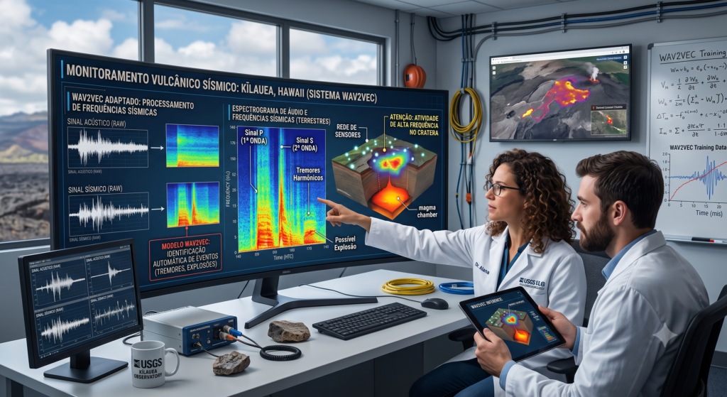 Cientistas analisam espectrogramas de áudio e ondas sísmicas processadas pelo modelo adaptado Wav2Vec.
