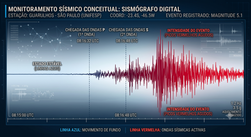 Sismógrafo digital exibindo picos de ondas sísmicas analisados instantaneamente por algoritmo de alerta.