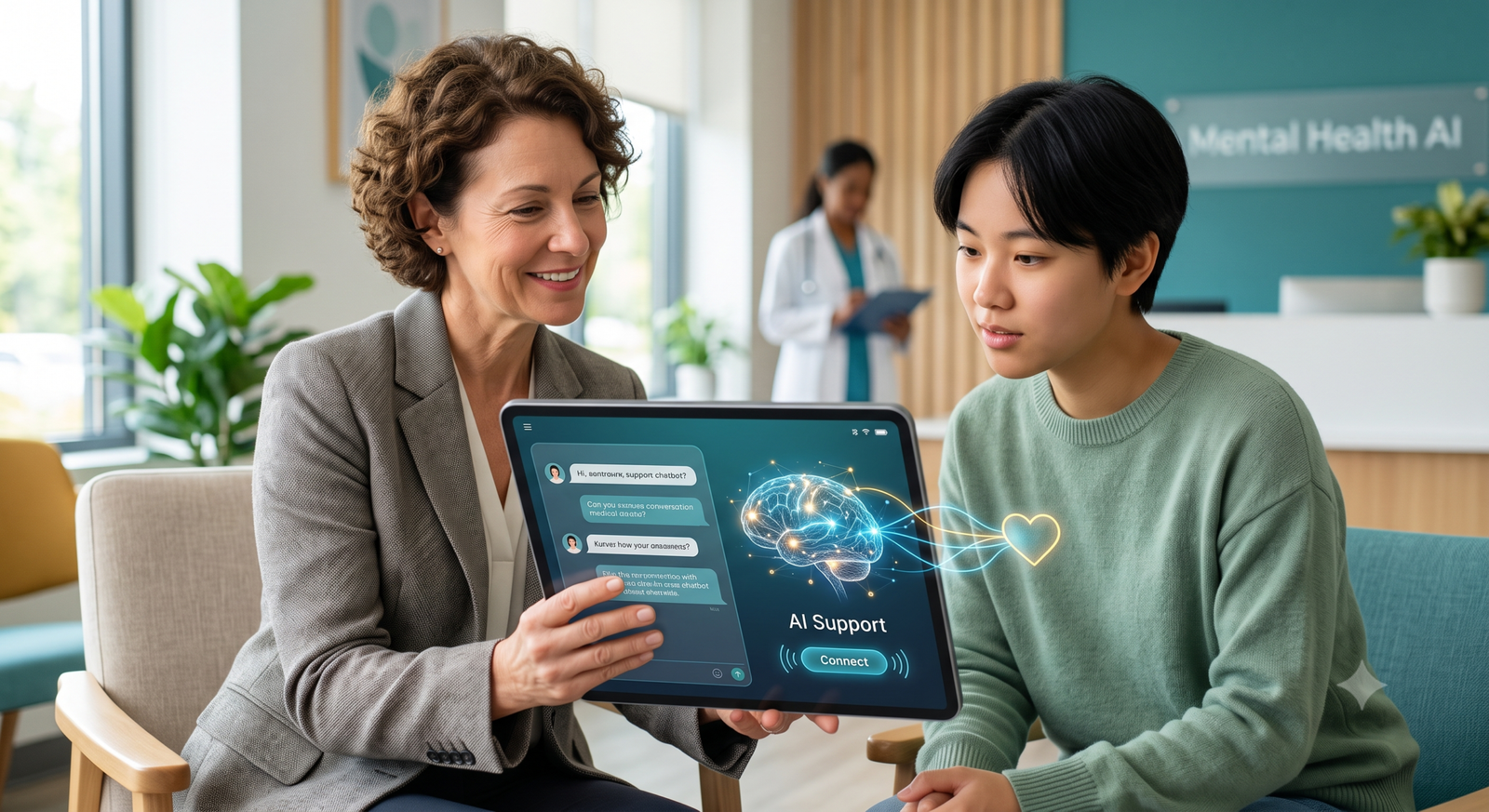 Terapeuta humana segurando tablet com holografia de rede neural de e um coração, interagindo com paciente humana.