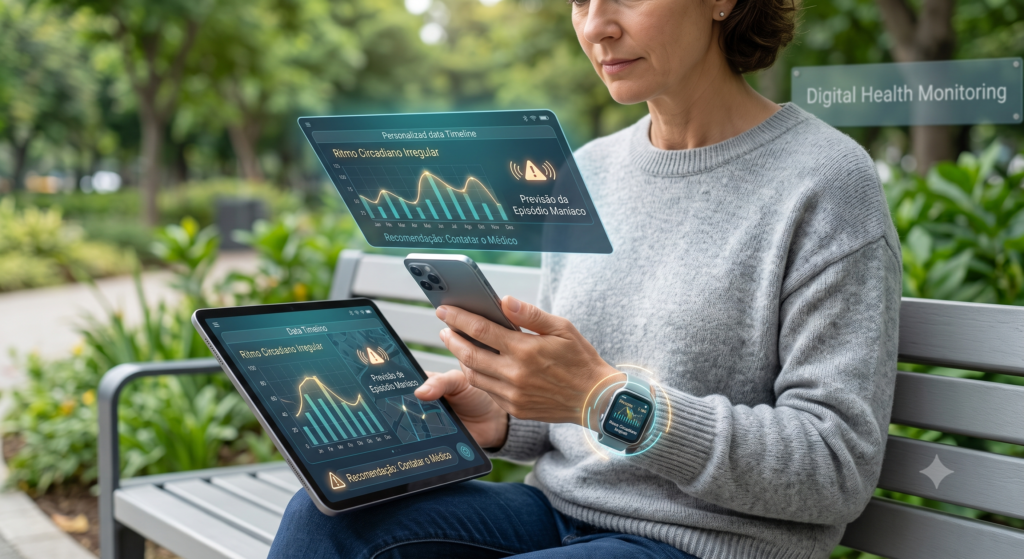 Uma pessoa usa smartwatch e smartphone para monitorar dados de sono e mobilidade, com IA antecipando surtos psicóticos.