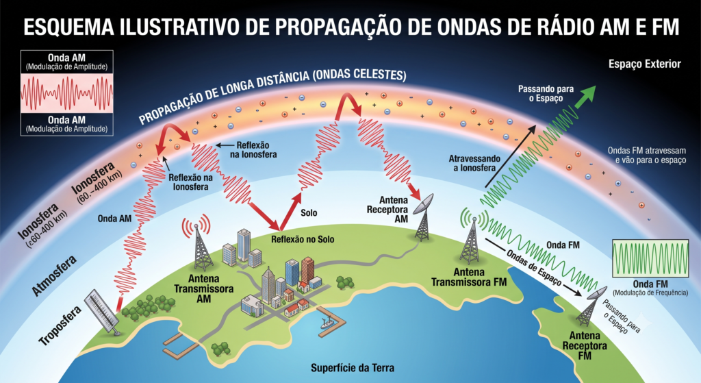 Diagrama demonstrando ondas de rádio AM refletindo na ionosfera e contornando a curvatura terrestre.