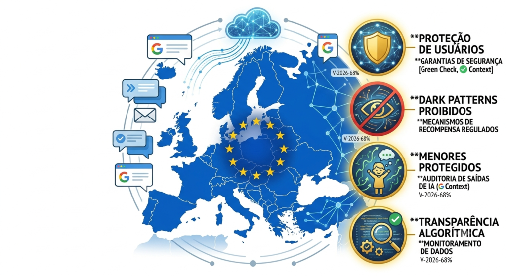 Mapa da União Europeia com ícones do Digital Services Act regulando mídias digitais e redes sociais.