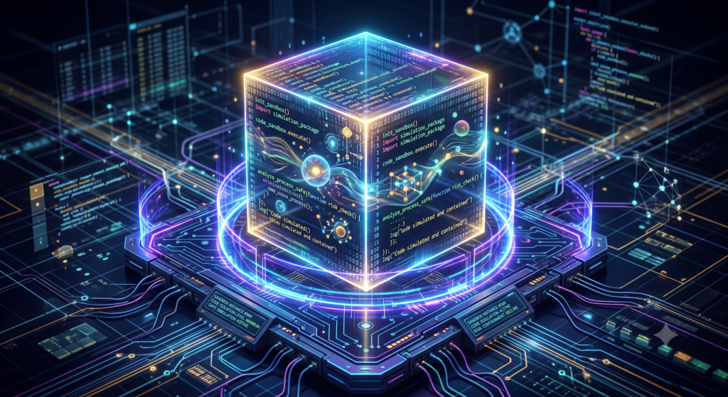 Representação gráfica de um ambiente sandbox isolado para testes de cibersegurança em inteligência artificial.