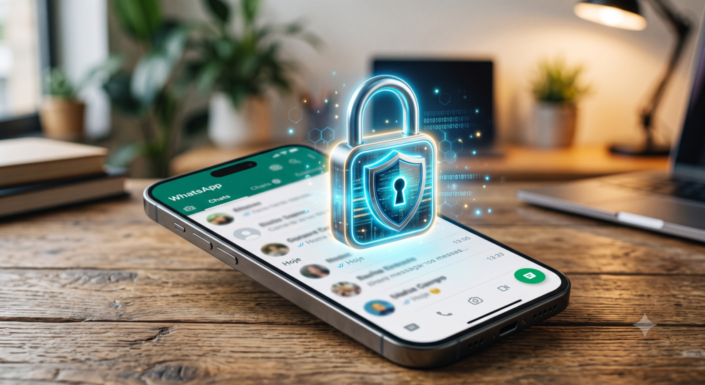 Smartphone aberto no WhatsApp com holografia de cadeado com escudo simbolizando segurança contra clonagem.