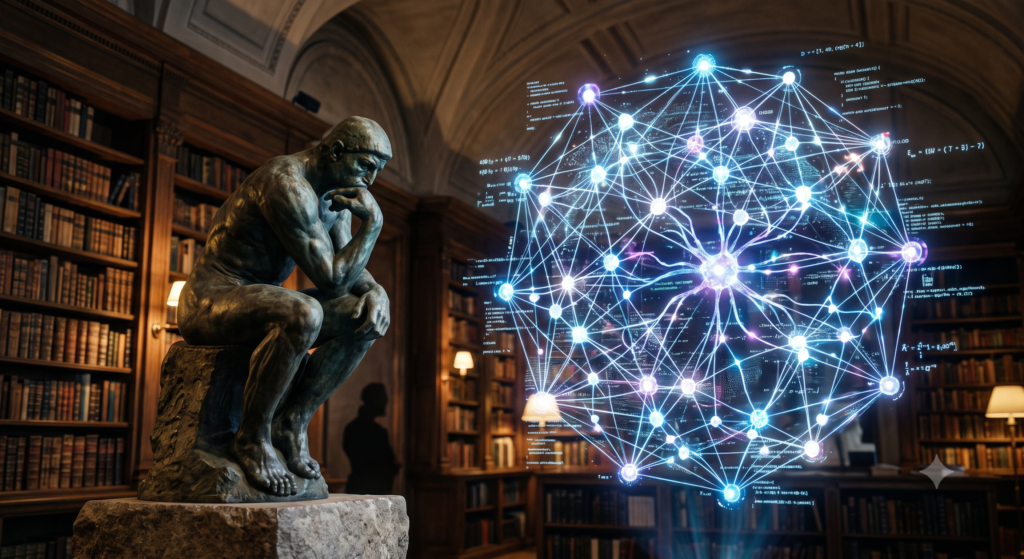 Estátua do homem pensante em frente a projeção holográfica de redes neurais, simbolizando a supervisão humana sobre a IA.