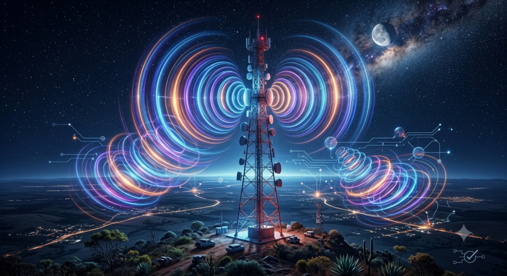 Torre de rádio transmitindo ondas eletromagnéticas invisíveis pelo ar.