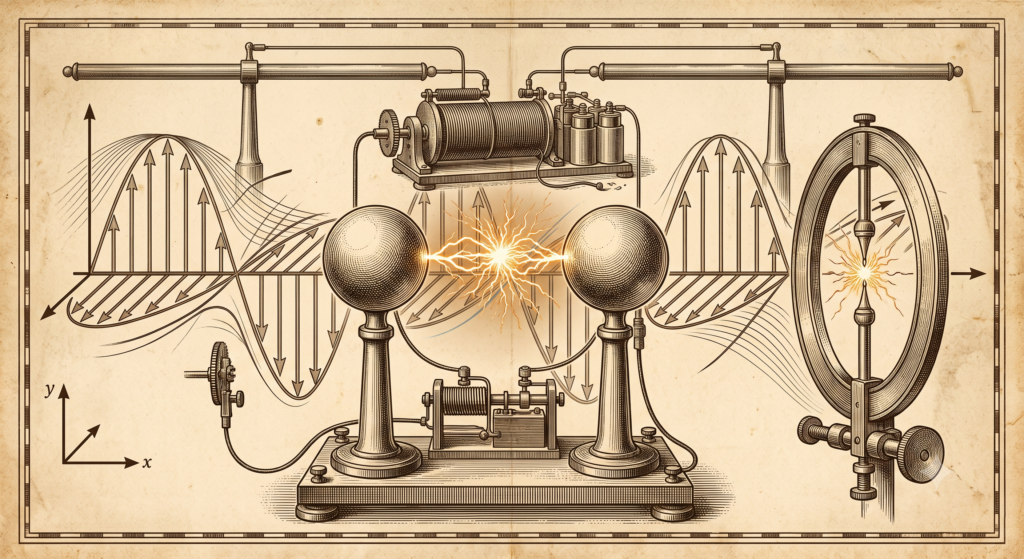 Diagrama histórico do transmissor de faísca centelhador criado por Heinrich Hertz em 1887.