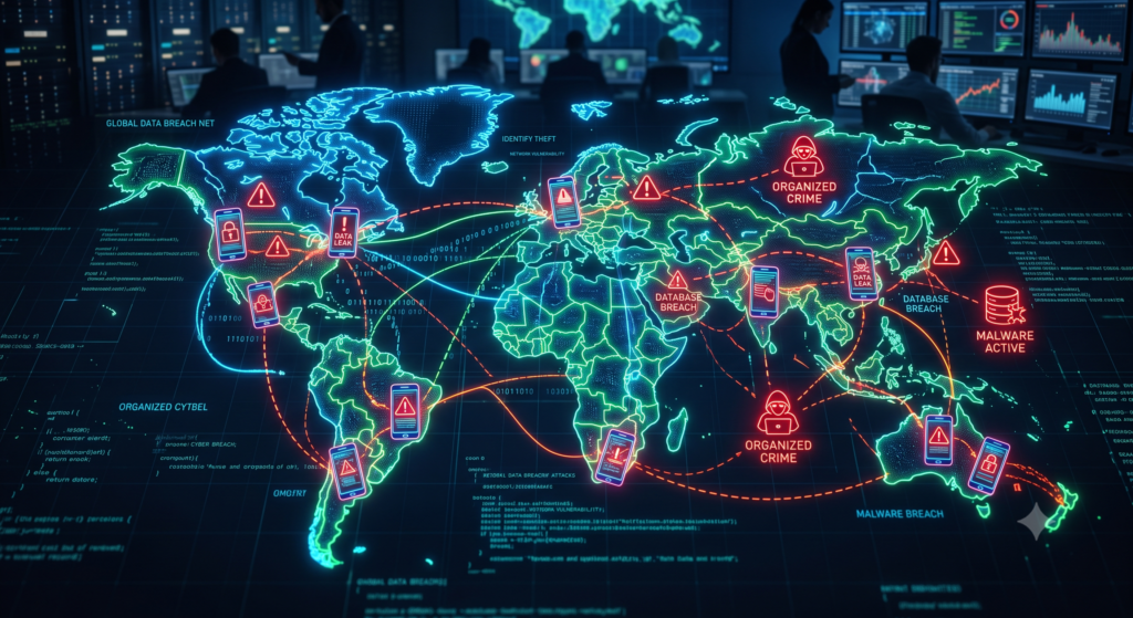 Mapa digital representando vazamento massivo de dados e segurança da informação no mundo.