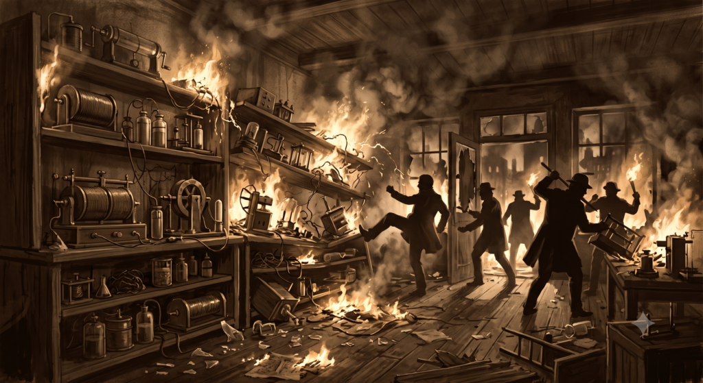 Ilustração do laboratório do Padre Landell destruído em Campinas entre 1895 e 1897, episódio que apagou registros históricos do rádio.