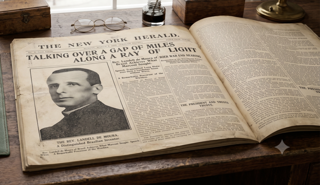 Página do New York Herald de 1902 com reportagem sobre o Padre Landell e sua invenção do telefone sem fio.