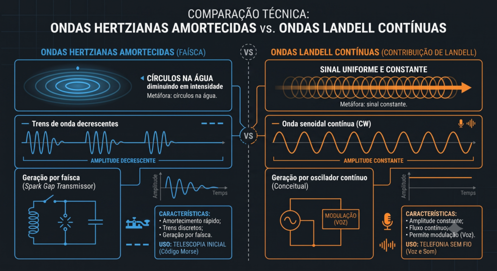 Infográfico comparando ondas hertzianas amortecidas de Marconi com as ondas Landell contínuas que dominaram o rádio no século XX.