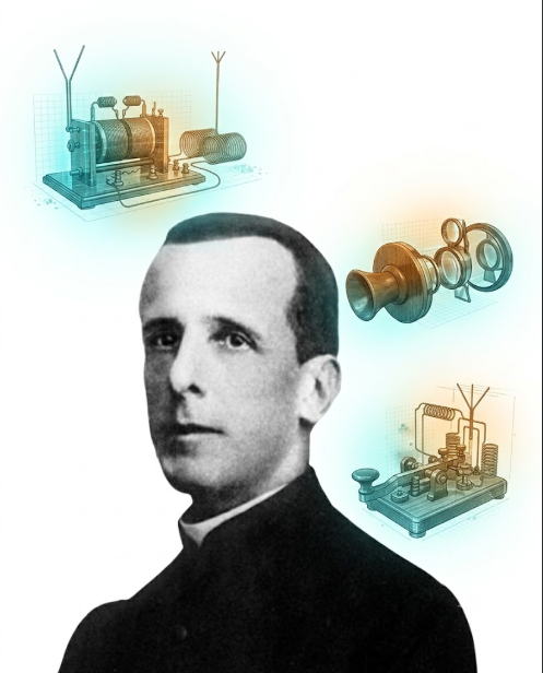 Fotografia antiga do padre Roberto Landell com suas 3 invenções patenteadas ao fundo da foto.